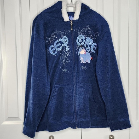 Y2K Disney Embroidered Eeyore Navy Blue Fleece Full-Zip Up Hoodie w/ Faux Fur - Picture 1 of 7